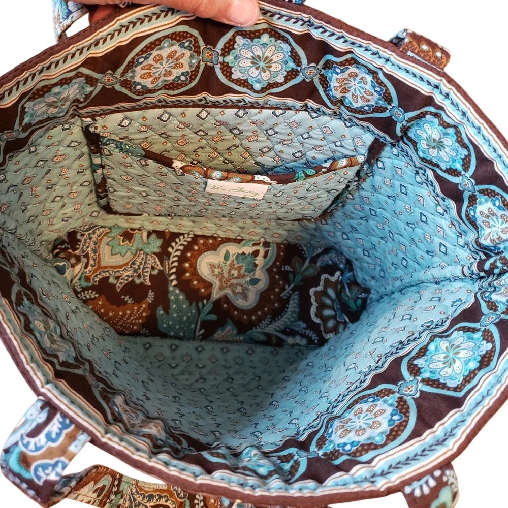 Vera Bradley Quilted‎ Tote Bag Brown Blue Floral Print Button Closure